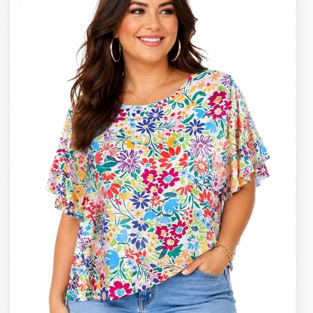 Cream & Sugar Floral Top 1X Boho Cottagecore Flutter Sleeve Blouse
